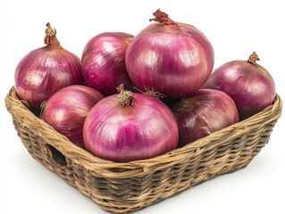 A rustic woven basket brimming with fresh, vibrant red onions under natural lighting in a kitchen setting