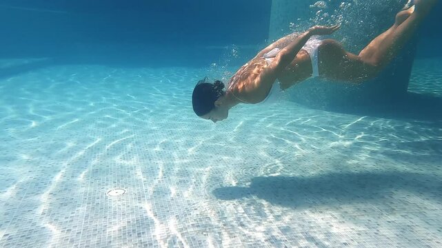 A young woman swims underwater in a sparkling pool. Her graceful movements create a feeling of freedom and joy. Relaxation and travel concept.
