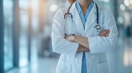 A confident doctor with arms crossed, standing in a hospital setting.