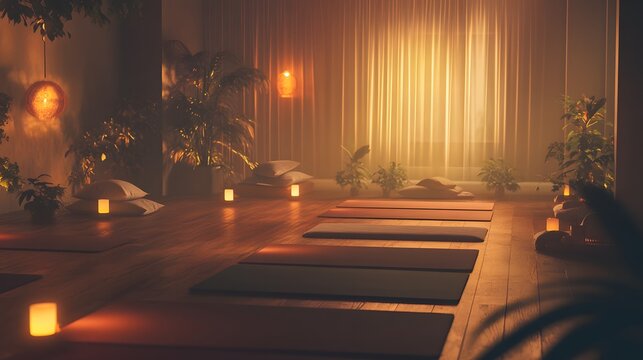 Candid photo of a yoga session in a warm and inviting space, with dim lighting and soft mats adding to the cozy atmosphere, 4k resolution