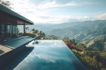 Fototapeta premium Drone photography capturing a modern hillside mansion with a stunning infinity pool, overlooking a vast mountain range, 4k resolution