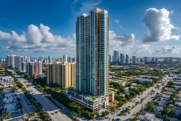 Fototapeta premium Drone photography of a high-rise condominium complex in the heart of the city, capturing surrounding urban landscape, 4k resolution