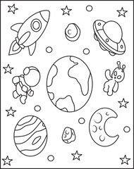 Hand draw space illustration with a rocket astronaut planets and aliens cute children's vector drawing.