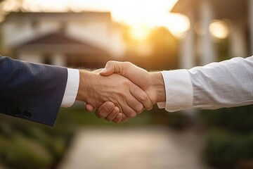Two people shake hands outdoors at sunset, symbolizing agreement, partnership, or a successful business deal.