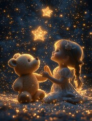 Little Girl Holding Teddy Bear Under Starry Sky	
