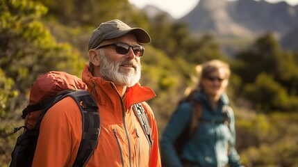 Obraz premium Older adventurers exploring a national park with the help of experienced guides.
