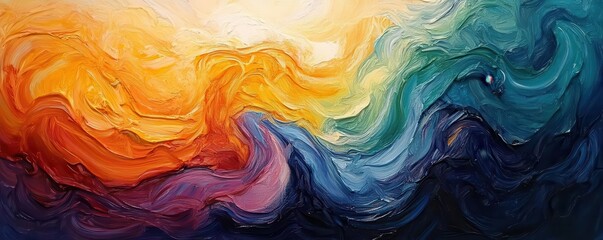 Fototapeta premium A vibrant abstract painting featuring swirling waves of orange, blue, green, and purple, evoking emotions and a sense of movement.