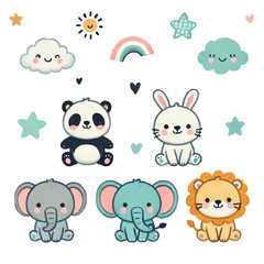 Colorful cute kid icons set. Doodle set of sun, star, clound, heart, animal. Vector trendy hand drawn childish elements for stickers, patterns, banners