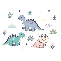 Colorful cute kid icons set. Doodle set of dinosaur, flowers, planet. Vector trendy hand drawn childish elements for stickers, patterns, banners