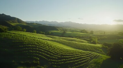 Fototapeta premium Drone photography of a New Zealand vineyard estate with views of mountains and rolling green hills, creating a picturesque scene, 4k resolution