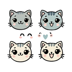 Cute cat faces set. Weather icons, kids friendly design. Smile and heart clipart for prints, t-shirts, holiday invitations, cards for children.