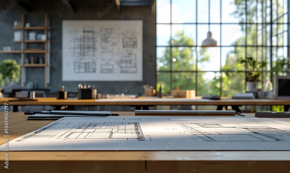 Aufkleber close-up of blueprints on a wooden table in a modern office with a large window, plants, and a white