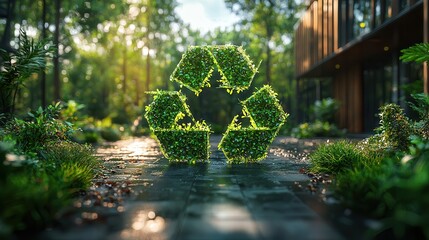 A green recycling symbol made of plants sits amidst a serene, lush forest path, highlighting nature's beauty and environmental sustainability.