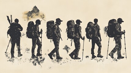 Naklejka premium Hand-Drawn Silhouettes of Hikers with Backpacks Embarking on Outdoor Expedition