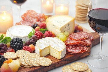A beautifully arranged charcuterie board featuring a variety of cheeses, meats, fresh fruits, and a glass of red wine, perfect for gatherings and celebrations.
