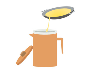 使用済みの食用油を再利用するために濾過してオイルポットに注ぐイラスト