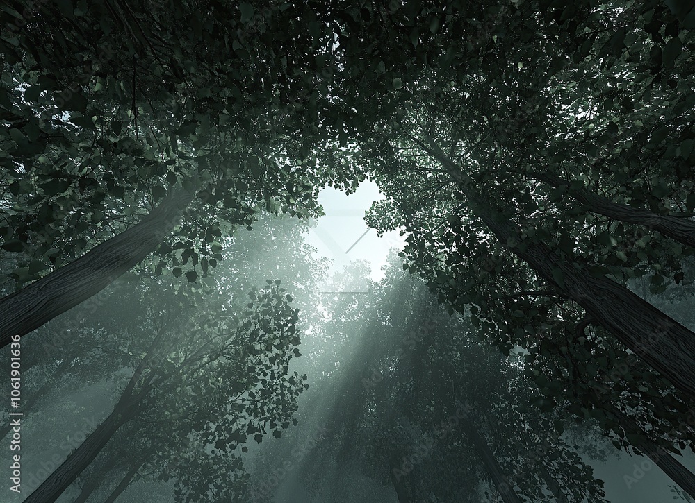 Poster sunbeams filtering through the canopy of a dense, misty forest, creating a mystical and ethereal atm