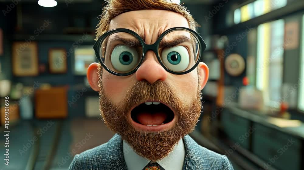 Poster a shocked character reacts in a funny way inside a quirky cafe, showcasing colorful decorations and 