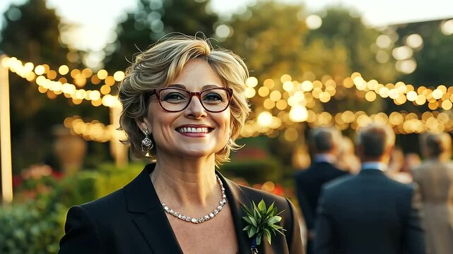 The planner beams with satisfaction as she oversees the arrival of guests at a charming garden wedding, ensuring everything flows seamlessly, with festive decorations in the backgr