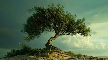 Resilient Tree Bending in Windstorm,Metaphor for Adaptability and Growth