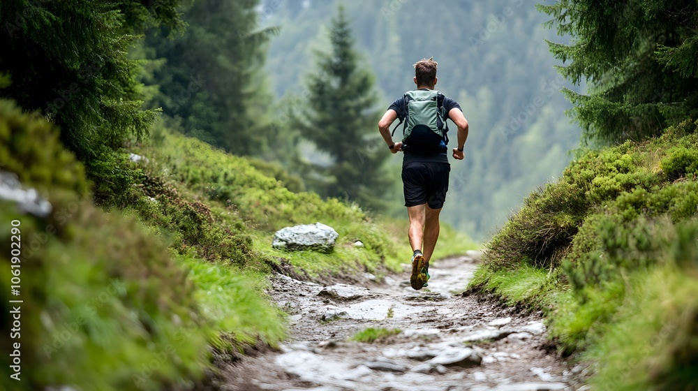 Poster resolute runner navigating rugged terrain with adaptive determination
