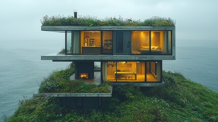 A modern house surrounded by greenery, built on an island, with large windows providing a scenic view of the ocean.