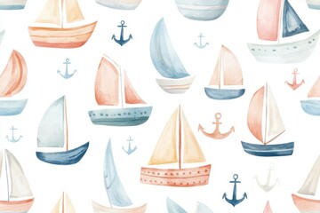 Charming watercolor pattern featuring various boats and anchors. Ideal for nautical-themed designs and children's decor.