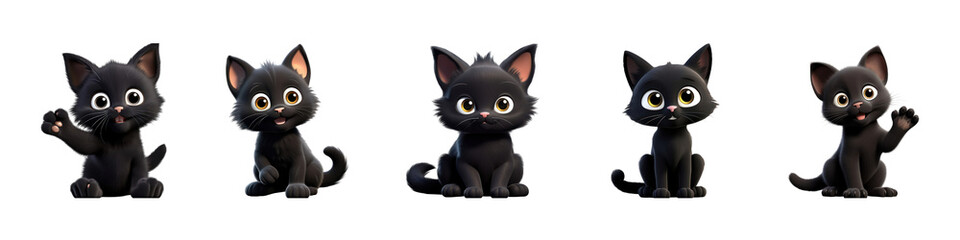 3D black cat png cut out element set