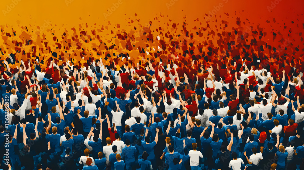 Poster an abstract flat design of a large group of fans in the stadium wearing team colors and cheering wit