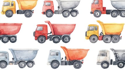 Fototapeta premium Colorful watercolor illustration of various construction trucks, perfect for children's art, invitations, and educational materials.