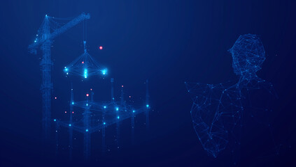 Digital AI Technology Concept. An abstract illustration of an architect reviewing blueprints at a construction site, symbolizing engineering, construction, and future technology. Generative AI Content
