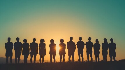 Silhouetted Community Gathered Together at Sunset with Gradient Sky Backdrop