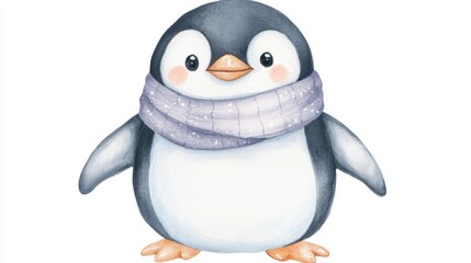 Obraz premium Cute cartoon penguin wearing a cozy purple scarf, perfect for winter-themed designs and children's illustrations.