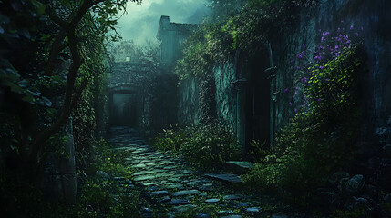 Fototapeta premium An overgrown lane that feels alive with the whispers of the past.