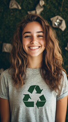 Smiling young woman with long brown hair and a recycling symbol t-shirt