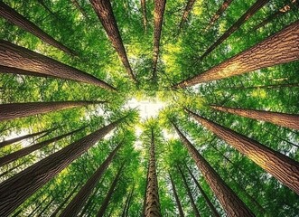 A low angle shot of towering trees in a dense forest, with sunlight peeking through the canopy.