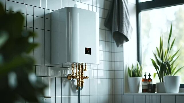 A compact, white gas water heater installed on a tiled bathroom wall, with visible metal piping running along the wall, representing both form and function in home utility manageme