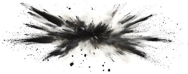 Obraz premium Chalk Dust Explosion: An effect showing black chalk pieces and powder flying in an explosion on a white background.