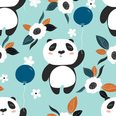 Seamless pattern with cute panda baby on color background. Funny asian animals. Card, postcards for kids. Flat vector illustration for fabric, textile, wallpaper, poster, gift wrapping paper