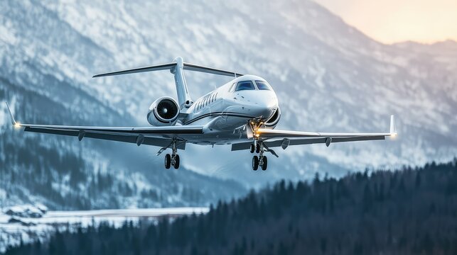 A private jet landing in a snowy mountainous landscape at sunset.