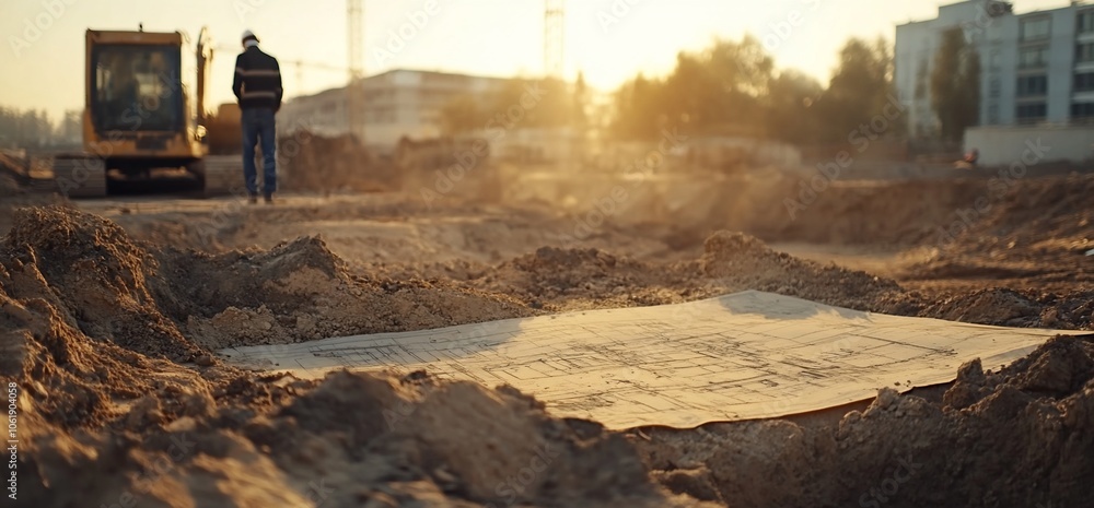 Poster construction blueprint on the ground at a construction site with an excavator and a worker in the ba