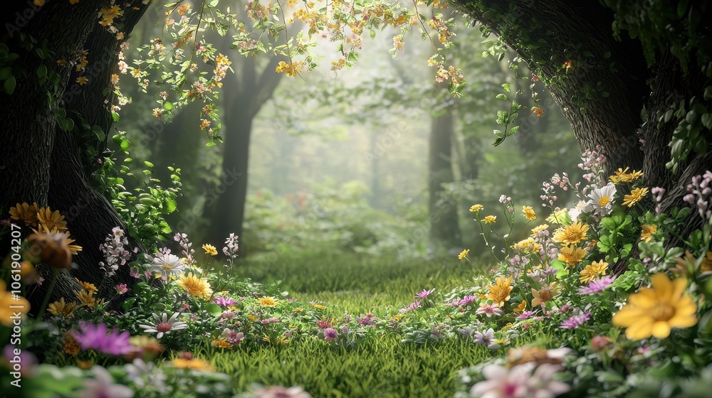 Poster a serene forest path surrounded by lush greenery and vibrant flowers, illuminated by soft sunlight f
