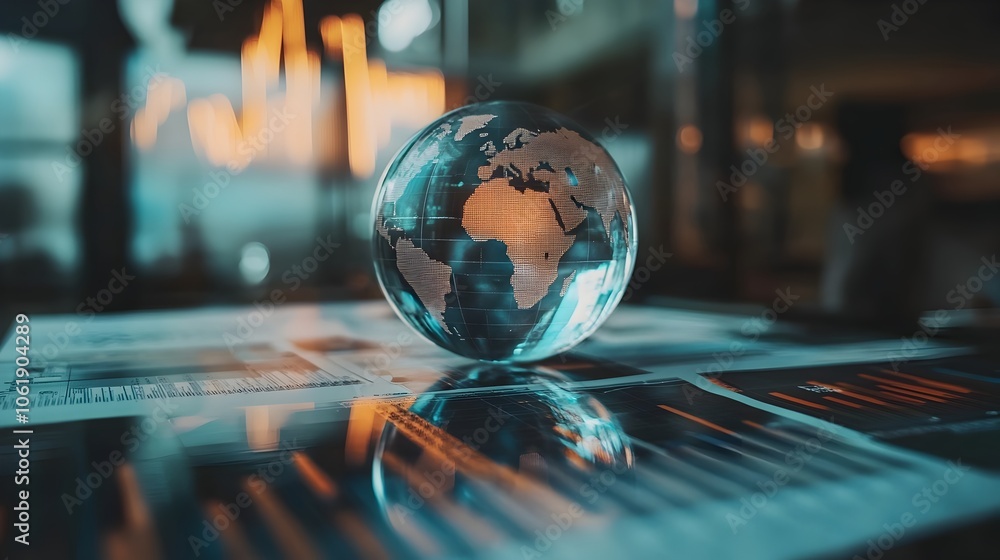 Poster global financial analysis visualized through glass world globe on data-driven desk