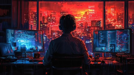 Obraz premium A programmer working on code, dual monitors showing complex data and coding scripts, dark room with glowing screens, focused and intense atmosphere