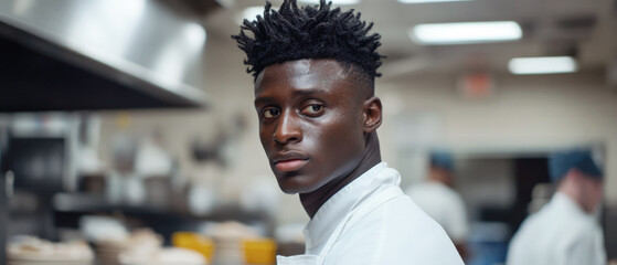 A young black chef in the busy kitchen of a modern restaurant stands upright with a concentrated expression on his face.