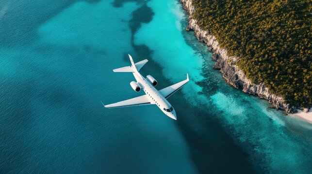 Aerial view of a sleek airplane flying over beautiful turquoise waters.