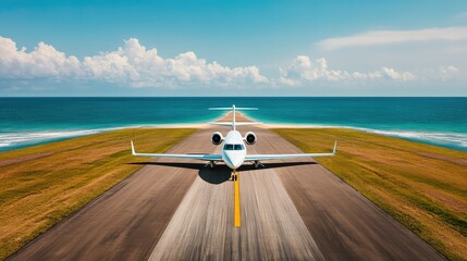 Business jet on runway with ocean view and clear skies, aerial perspective.