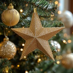 A sparkling golden star ornament hangs gracefully on a beautifully adorned Christmas tree filled with shimmering decorations