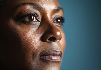 Close-up portrait of a thoughtful person with dark skin and striking eyes