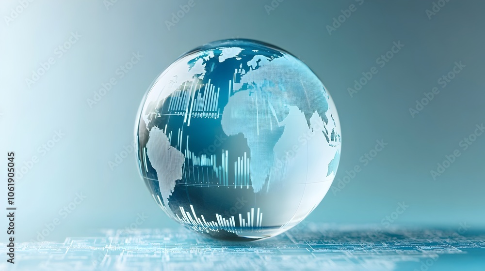 Poster detailed glass globe with complex data graphs on gradient blue background